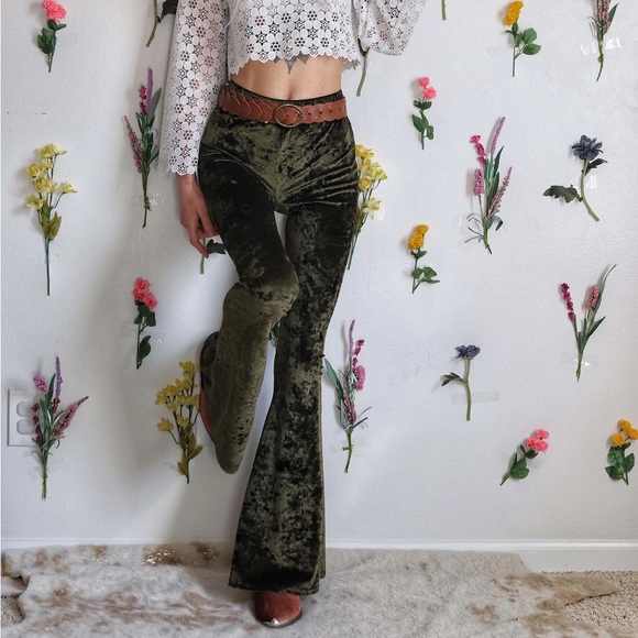 Olive Green Crushed Velvet Bell Bottom Flare Pants - Picture 3 of 12